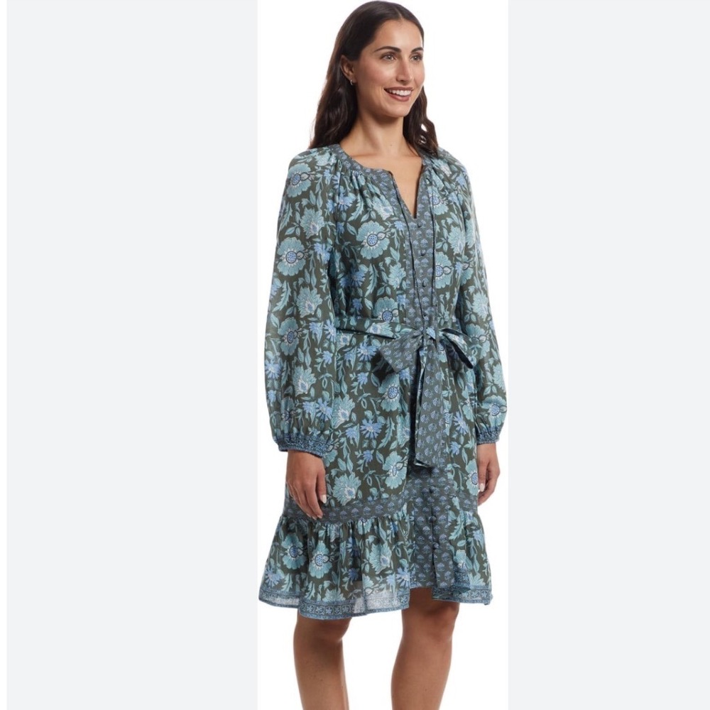 Vineyard Vines Floral Long Sleeve Tie Neck Ruffle Mini Dress Olive Blue XL
